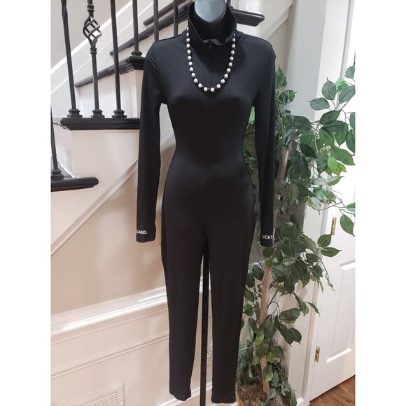 Lucky Label Womens Black Striped Ribbed Front Zip Long Sleeve Jumpsuit Size L - Picture 1 of 16